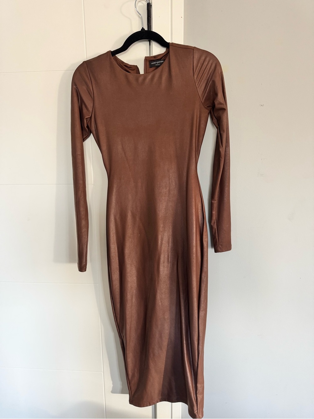 naked wardrobe Brown Long-Sleeve Faux-Leather Midi Dress
